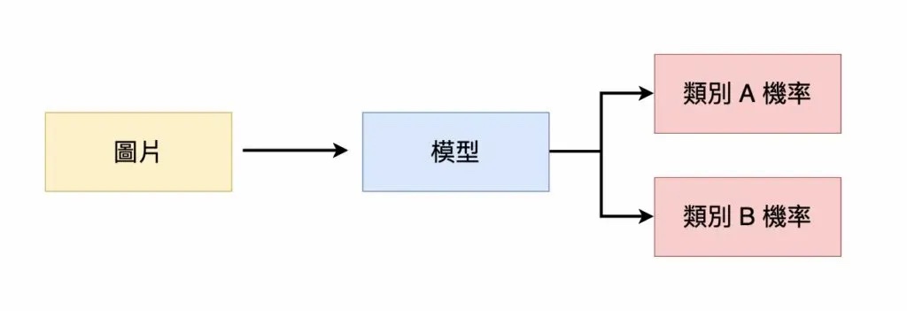 一張圖片輸入模型後,模型輸出屬於兩個類別的機率值的流程示意圖。