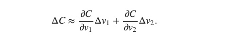 ΔC 的算式:C 對 v1 的偏微分乘上 Δv1,加上 C 對 v2 的偏微分乘上 Δv2。