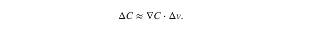 ΔC 約等於 ∇C 與 Δv 相乘的算式。
