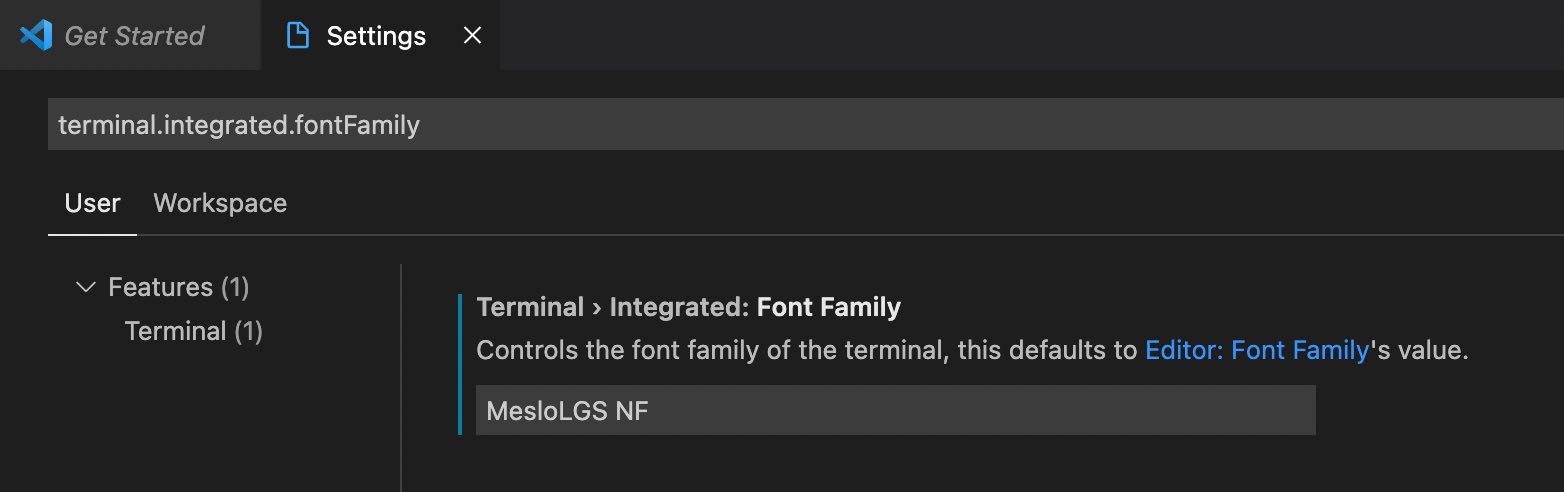 VS Code 設定畫面,搜尋 terminal.integrated.fontFamily 並填入 MesloLGS NF。