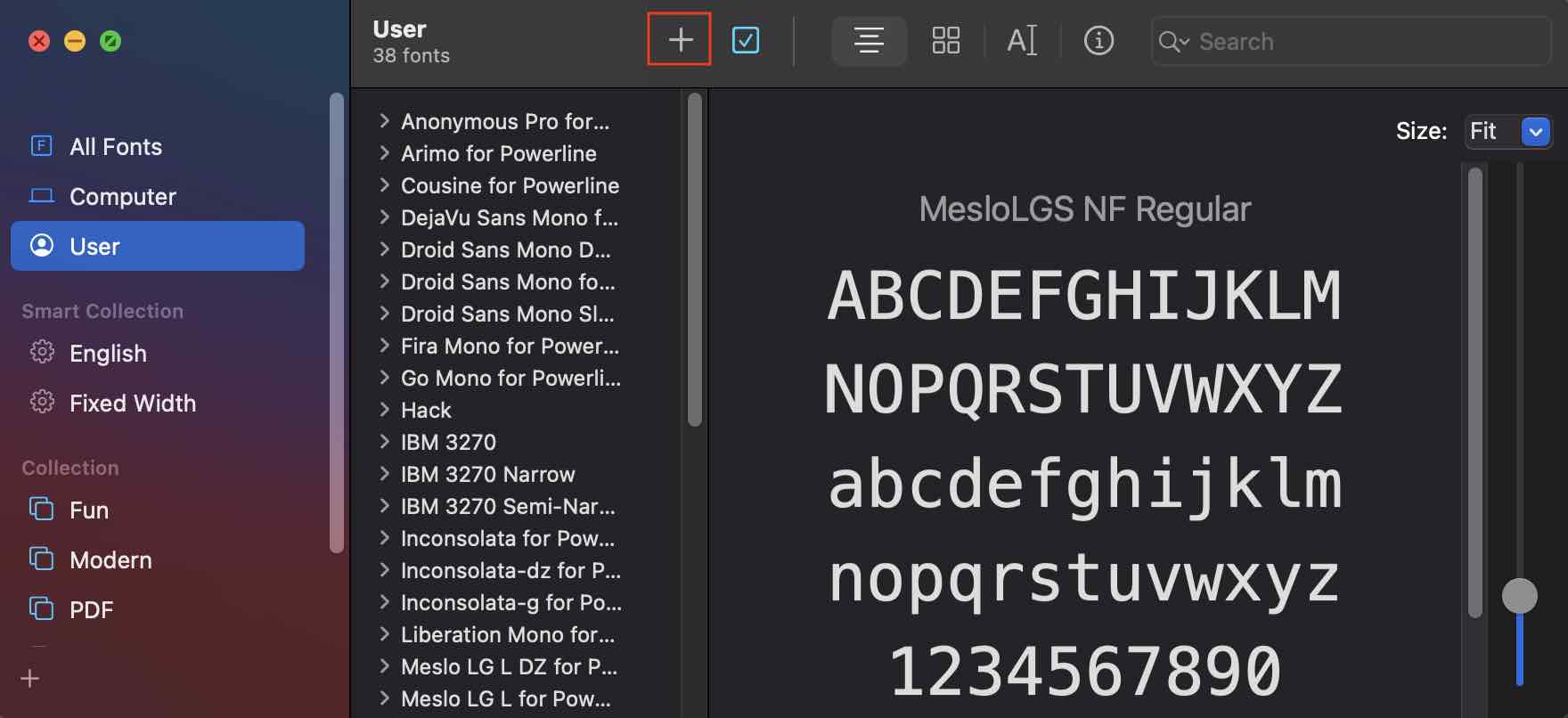 macOS Font Book 視窗,左上角的「+」按鈕用來加入新字型。