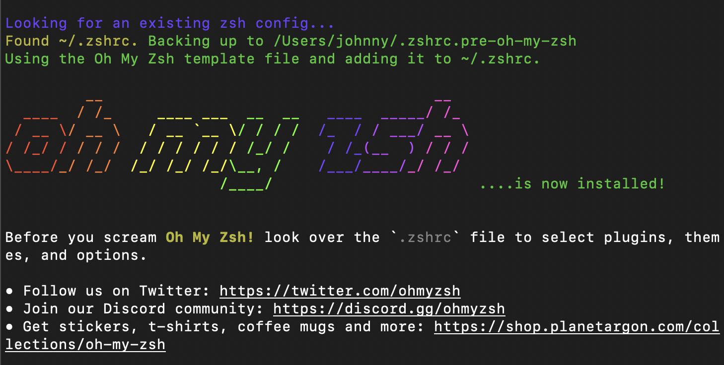 Terminal 中顯示 Oh My Zsh 安裝完成的 ASCII 字樣畫面。