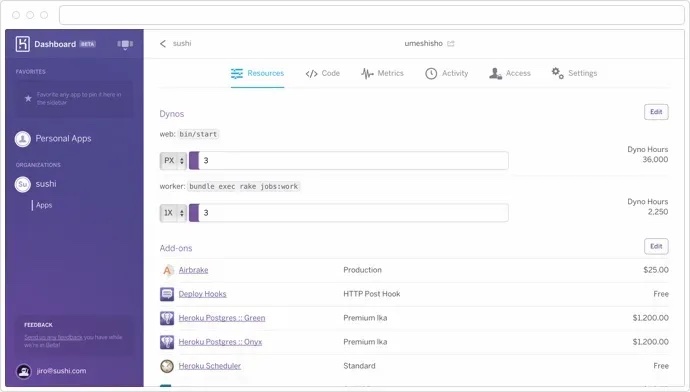 Heroku 網頁版管理介面的畫面,顯示應用程式的管理選項
