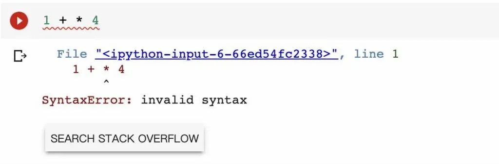 Colab 中執行錯誤程式碼後跳出 SyntaxError 錯誤訊息的畫面。